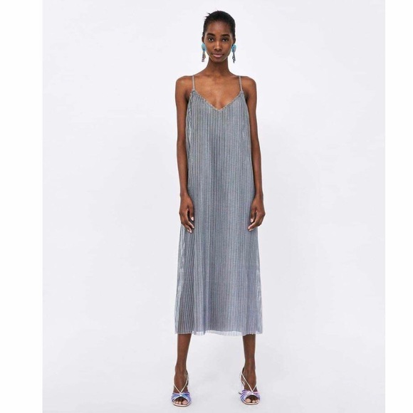 zara silver pleated dress ZARA SILVER PLEATED FLORAL PRINT MIDI DRESS SIZE Large REF 5580 099